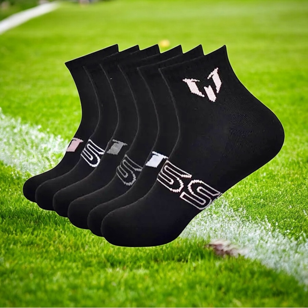 Messi Collection Men’s Black Pink White Logo Quarter Socks 6-pack Sz 6-12